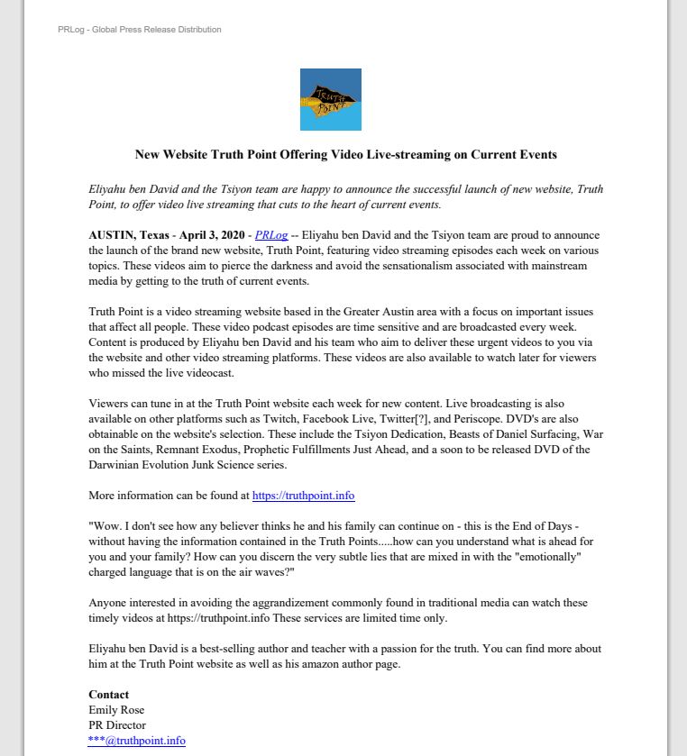 3 April 2020 Press Release New Website Truth Point Offering Video Live Streaming on Current Events 